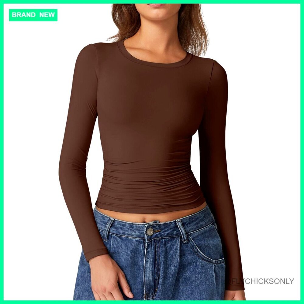 Long Sleeve Crewneck Crop Top with Side Ruching, Double Lined Polyamide Tee